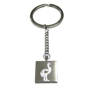 Silver Toned Square Etched Cassowary Bird Pendant Keychain